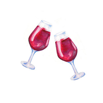 watercolor red wine in a glass isolated on white background  hand drawn illustration set pattern cheers