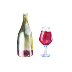 watercolor red wine in a glass isolated on white background  hand drawn illustration with wine bottle
