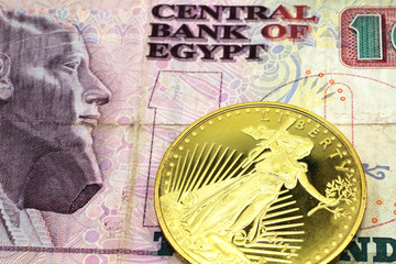 A macro image of a red Egyptian ten pound note with a gold coin.  Shot close up.