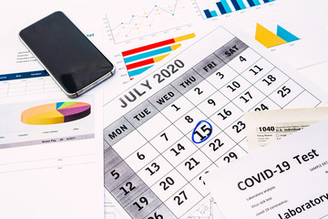 Entrepreneur completes form 1040 on July 15, 2020 to complete his tax obligations.