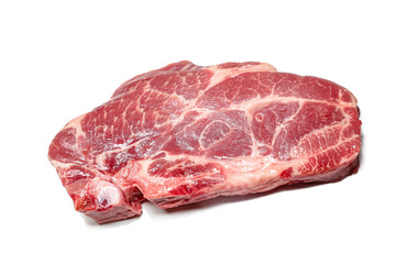 Raw pork neck tenderloin steak lies on a white background. Isolated