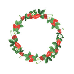 Watercolor wreath with strawberry, leaves and flowers