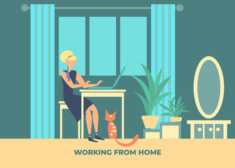 Girl at the computer. Work at home. Vector color illustration.