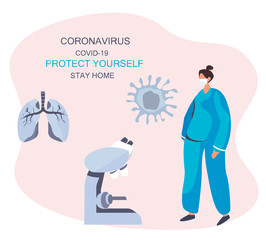 Stay Home Stay Safe. Nurse,Virus,Microscope,Lungs.Keeping Distance for Decrease Infection Risk For Prevent Virus Covid-19. Stay Home on Quarantine During the Coronavirus Epidemic.Vector Illustration