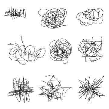 Set of random chaotic lines. Hand drawing insane tangled scribble clew. Vector icon isolated on white background.