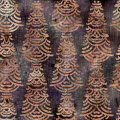Fototapeta premium Seamless posh luxurious intricate distressed worn pattern design. Tattered sepia toned mottled swatch. Purple and tan toned seamless pattern tile.