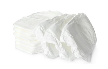 Pile of baby diapers isolated on white