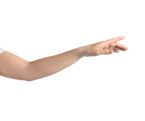 Fototapeta premium Woman pointing at something against white background, closeup on hand