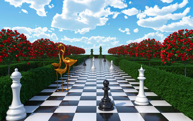 Plakaty  Maze garden 3d render illustration. Chess, golden flamingo, trees with red flowers and clouds in the sky. Alice in wonderland theme.