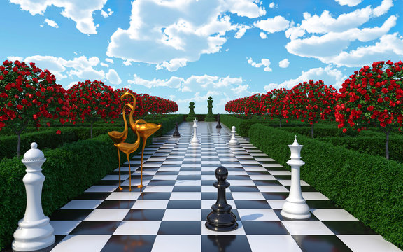 Maze garden 3d render illustration. Chess, golden flamingo, trees with red flowers and clouds in the sky. Alice in wonderland theme.