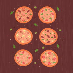  Vector illustration of pizza with different toppings.