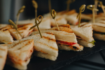 Beautifully decorated catering banquet table with different food snacks and appetizers with sandwich