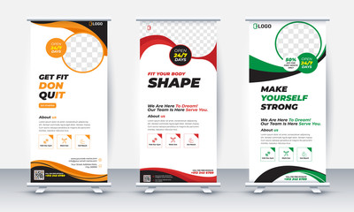 Fototapeta na wymiar fitness/gym roll up banner design, standee and banner template decoration for exhibition, printing, presentation and brochure flyer concept vector illustration