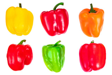 Colorful bell peppers isolated on white background. Fresh vegetables, bio food concept, top view