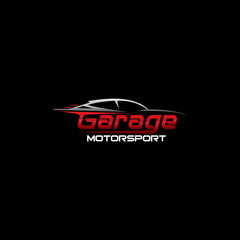 Automotive car logo design with concept sports vehicle icon silhouette on black background. Vector illustration.