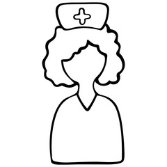 A nurse in a hat with a cross. Vector illustration. Medical worker anonymous. Icon of a female doctor. An employee of the hospital. Outline on an isolated background. Doodle style. Sketch.