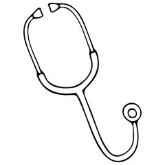 A stethoscope is a medical diagnostic device. Mechanism for listening to sounds from the chest. Vector illustration. Examination of the patient. Outline on an isolated background. Doodle style. The su