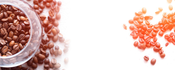 Coffee beans are scattered on a light background . Fresh coffee beans. Concept of advertising coffee, coffee beans, cafes. banner with space for text