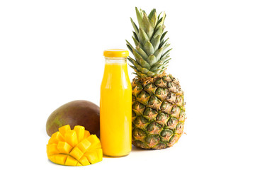 fresh mango and pineapple juice, juice in a glass bottle, mango and pineapple isolated on white background