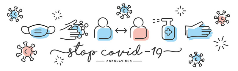 Stop Covid 19 Coronavirus prevention icons handwritten typography lettering text line design colorful virus draw white isolated background banner - obrazy, fototapety, plakaty
