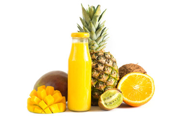 fresh citrus juice in a glass bottle, mango, pineapple, kiwi, coconut and orange isolated on white background