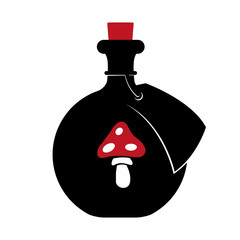 Icon of a black bottle with red amanita on a white background. Isolated object. Magic elixir of love or poison. Vector illustration