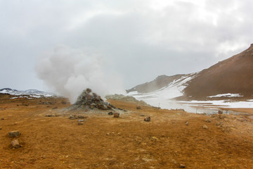 Seething valley of geysers in Iceland. Sulphur springs