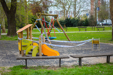 Zagreb, Croatia – March 2020. Playgrounds closed, banned from playing during the Covid-19 pandemic virus, corona virus