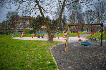 Zagreb, Croatia – March 2020. Playgrounds closed, banned from playing during the Covid-19 pandemic virus, corona virus