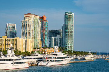 Luxury yachts at the Miami Beach Marina with highrise buildings