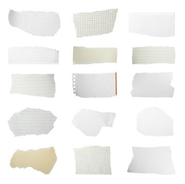 Set of different ripped notebook papers on white background