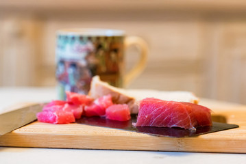 Close up view of slices of fresh tuna fillet for breakfast