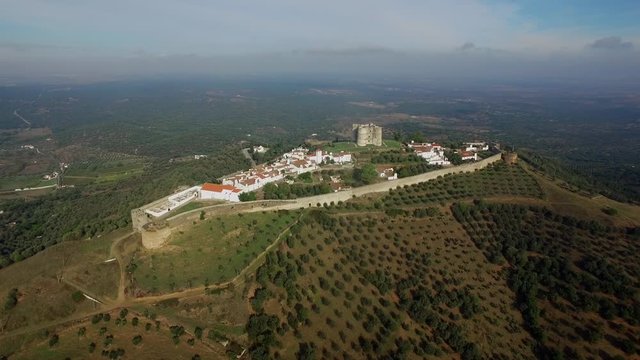 Portuguese Evoramonte medieval castle aerial panoramic shot, on a sunny morning.