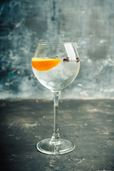 Gin based cocktail with lemon slice and juniper berries in wine glass. Selective focus. Shallow depth of field.