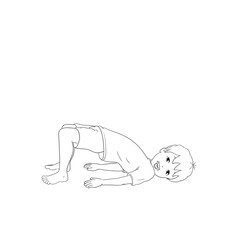 Kids Yoga - Joga für Kinder, Asana Delfin Delphin, horizontal Banner Design Concept Cartoon. Junge barfuß in Yoga Haltung, macht fröhliches Gesicht. Yogi Logo auf Hintergrund in weiß.