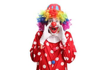 Clown in a polka dot red costume shouting