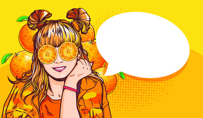 Beautiful vector hand drawn cartoon illustration of cute and funny woman, girl with slices of orange, citrus with place for text