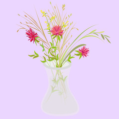 Bouquet of wildflowers in glass vase. Isolated illustration in style of hand drawing, place for signature. Vector drawing in scandinavian style, light pastel colors. For cards, invitations, valentines