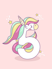 Vector illustration of cute unicorns. Vector illustration with number Five.