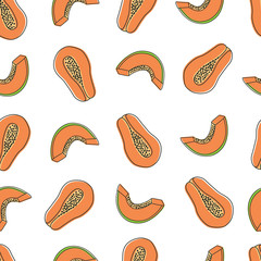 Seamless papaya slices pattern design for textile, print, surface design. Tropical fruits pattern with cut papayas