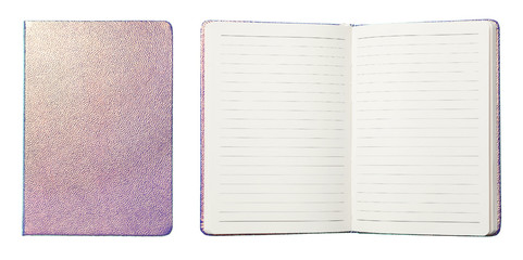 Open and closed notebook on white background, top view