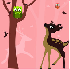 Colorful owls and trees. Wise owl. Owl sitting on a branch, vector