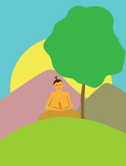 A man meditating under a tree in the mountains in a yoga pose.