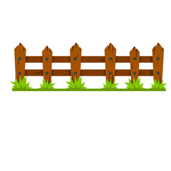 Obraz premium Wooden fence. Rustic wall of planks and logs. Element of village and countryside. Summer background. Cartoon flat illustration. Rural Barrier with green grass