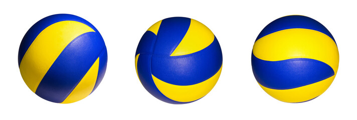 Closeup three yellow blue volleyball sports equipment with light shining, isolated many leather volley ball object on a white background with clipping path