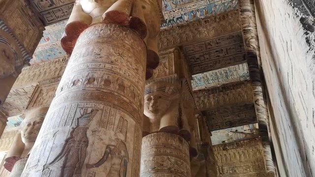 Beautiful interior of the Temple of Dendera or the Temple of Hathor. Egypt, Dendera, Ancient Egyptian temple near the city of Ken.