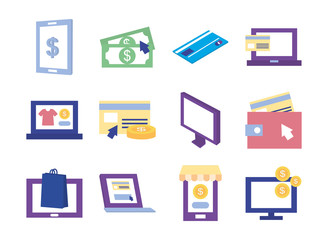 computers and payments online icon set, flat style