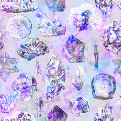 Watercolor pattern with minerals, crystals, gemstones, sea stones in blue, violet, purple colors. Seamless marble repeat background, astrology zodiac constellations. Bright fashion texture