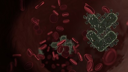 microscopic 3D rendering view of virus shaped as symbol of angle double down inside vein with red blood cells