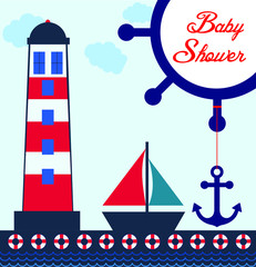 Nautical Icons - Baby shower - Blue and red. Background design. Girls and boys.